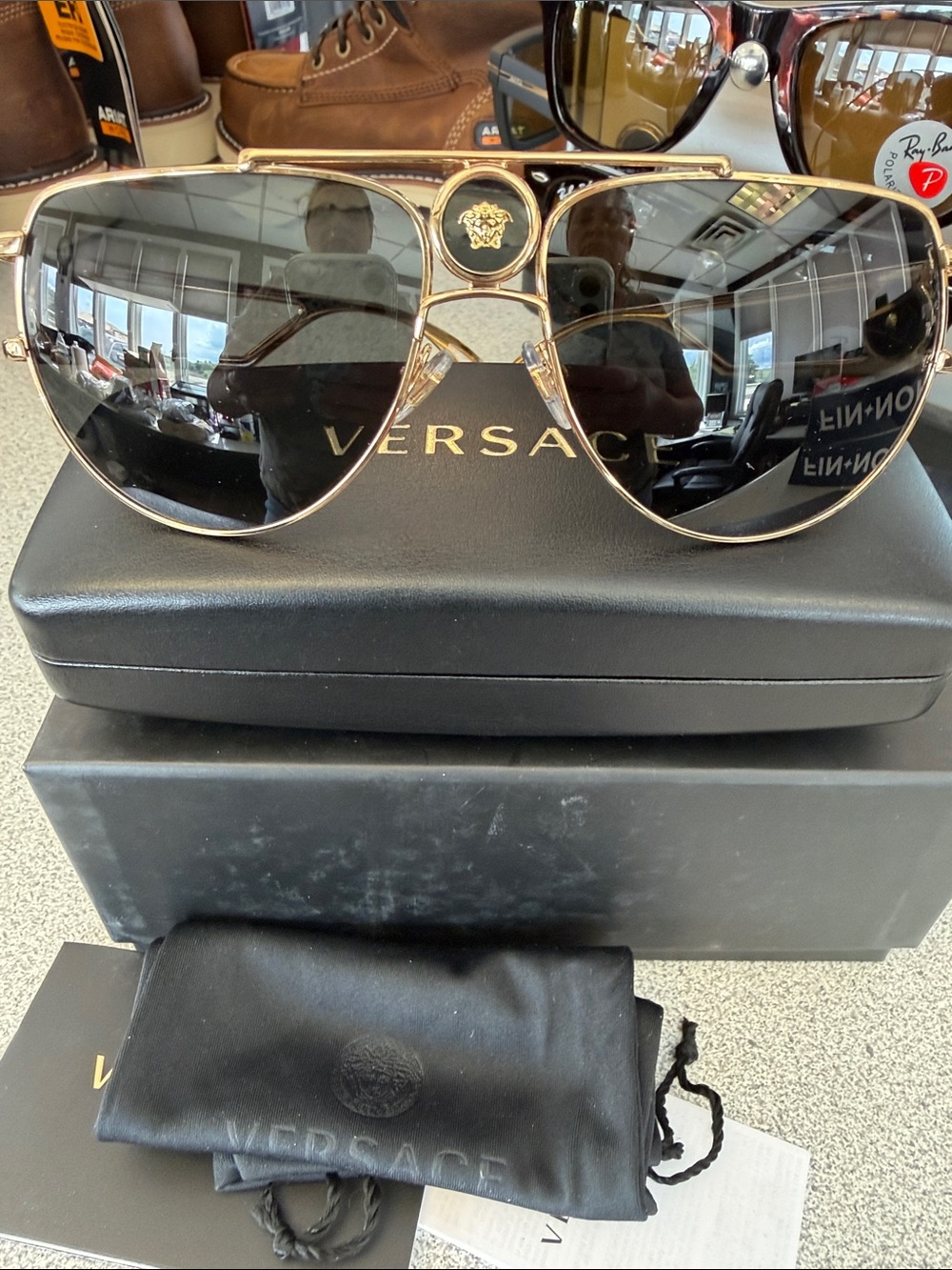 Versace Gold Frame Black Lens Aviator Sunglasses with Medusa Crest